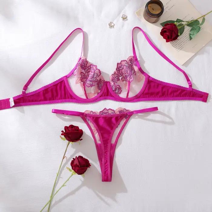 Červená ruža kvetinová výšivka sexy priesvitná podprsenka ultra tenký košíček push-up veľký displej set podprsenky