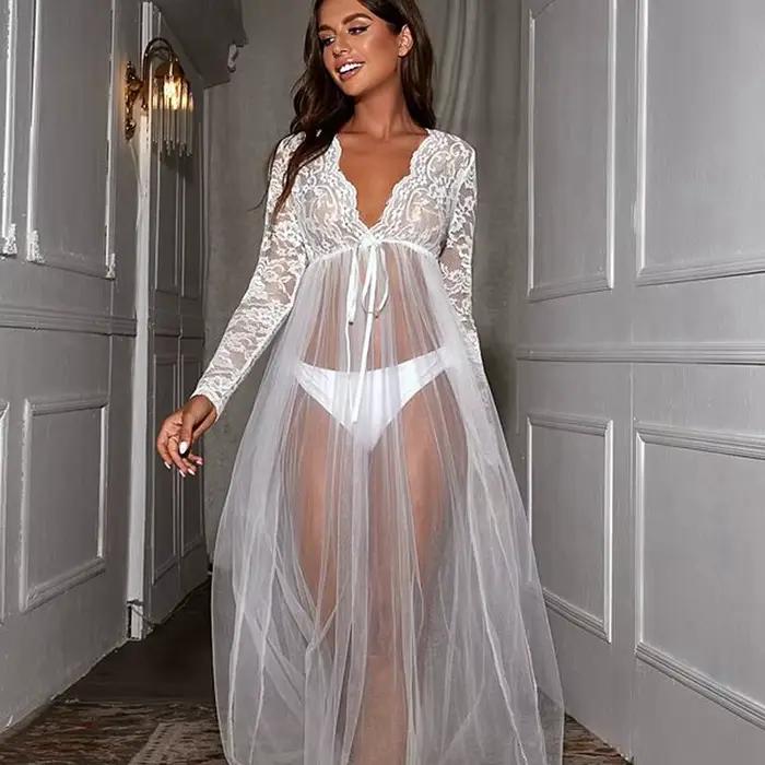 Sexi nočná bielizeň dlhé šaty nočné topy Lingerie pre ženy priesvitná čipka