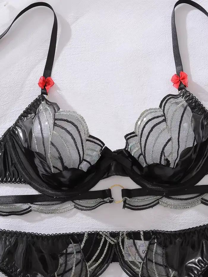 Ensemble de lingerie sexy pour femme, soutien-gorge noir à armatures, broderie géométrique, porte-jarretelles et culotte, sous-vêtements fantaisie, lingerie sexy exotique et érotique