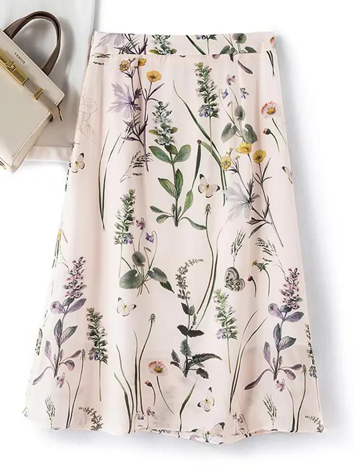Elegantná dlhá sukňa Birdtree z 100% prírodného hodvábu