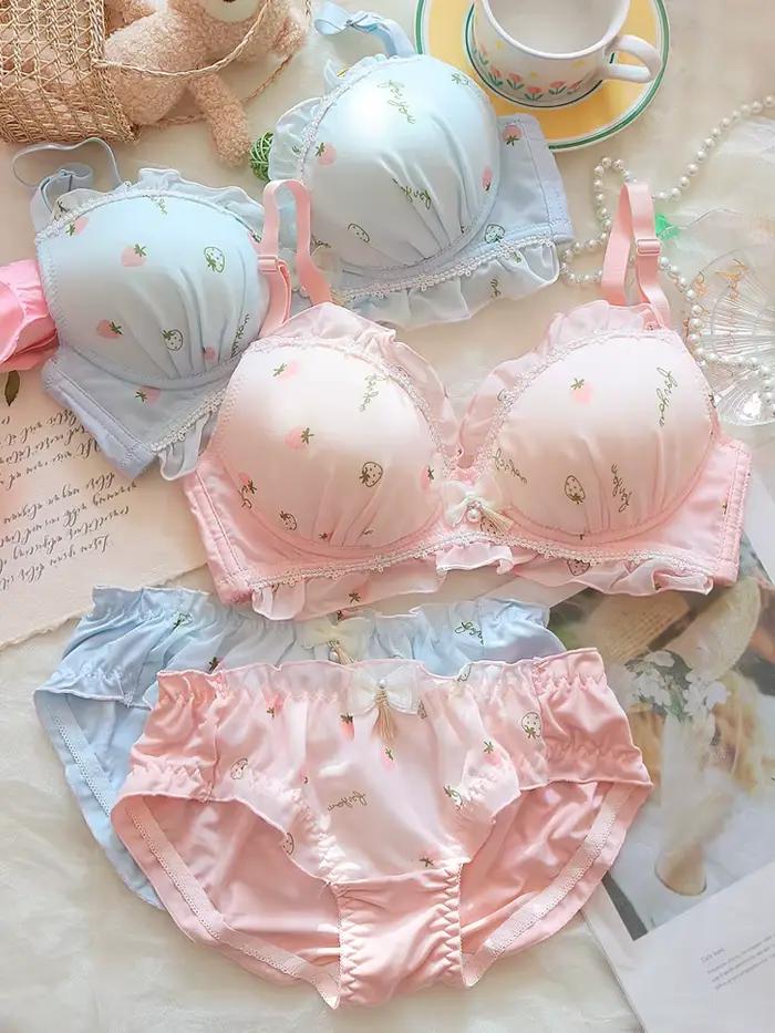 Ensemble de lingerie fraise douce pour femmes, grande taille, mignon, imprimé de dessin animé japonais, bralette sans anneau en acier, micro rassemblement, sous-vêtements