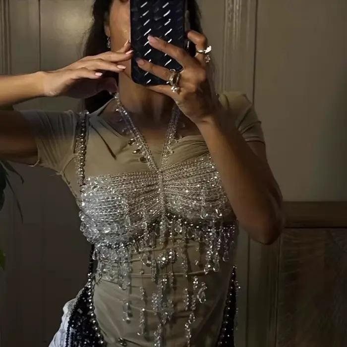 Lustre en cristal fait à la main pour femme, Bralette, Bikini, chaîne de corps de mariée, bijoux, haut de soutien-gorge perlé