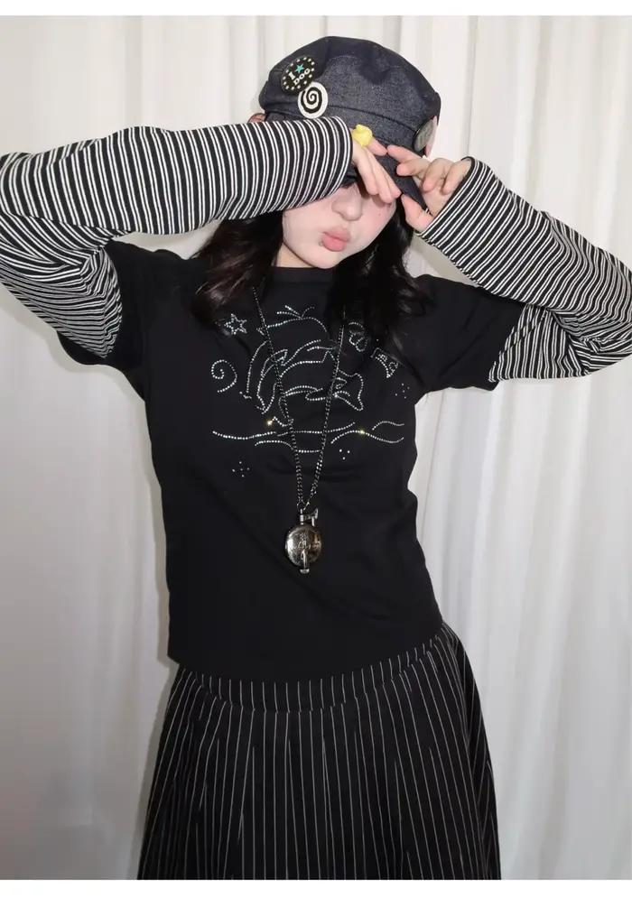 Tonngirl Y2k Tričko Vintage pre ženy s dlhými rukávmi Japonský patchwork 2000s Grunge topy Americký streetwear retro