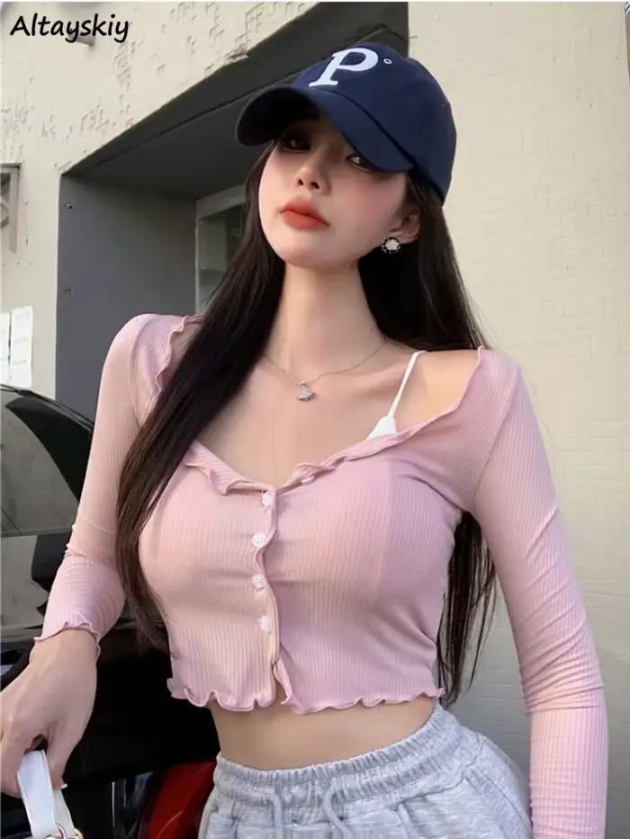 Dlhé rukávy Tričká ženy úroda štíhle odolné voči slnku výstrih do V retro jemné Sexy mladé Streetwear Ulzzang