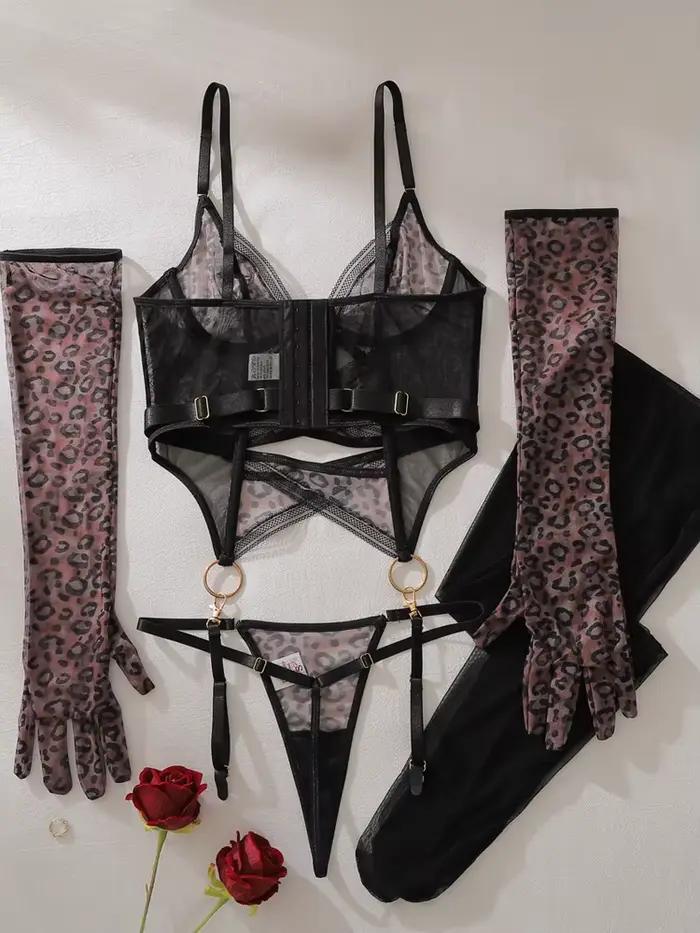 Ensemble de lingerie sexy transparente motif léopard avec gants en maille élégants, tenue de nuit sculptante ajourée pour femme