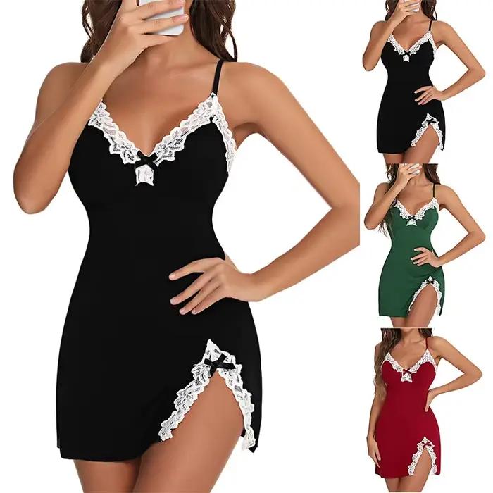 Chemise de nuit sexy en dentelle pour femmes, vêtements de nuit en satin, col en V, ourlet fendu, lingerie douce, robe de nuit en fibre, vêtements féminins