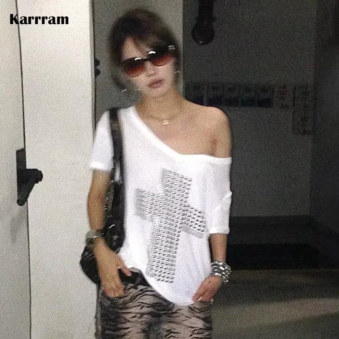 Karrram japonské Y2k kovový kríž potlač tričko Trashy 2000s V-výstrih priehľadný top Vintage Harajuku krátky rukáv