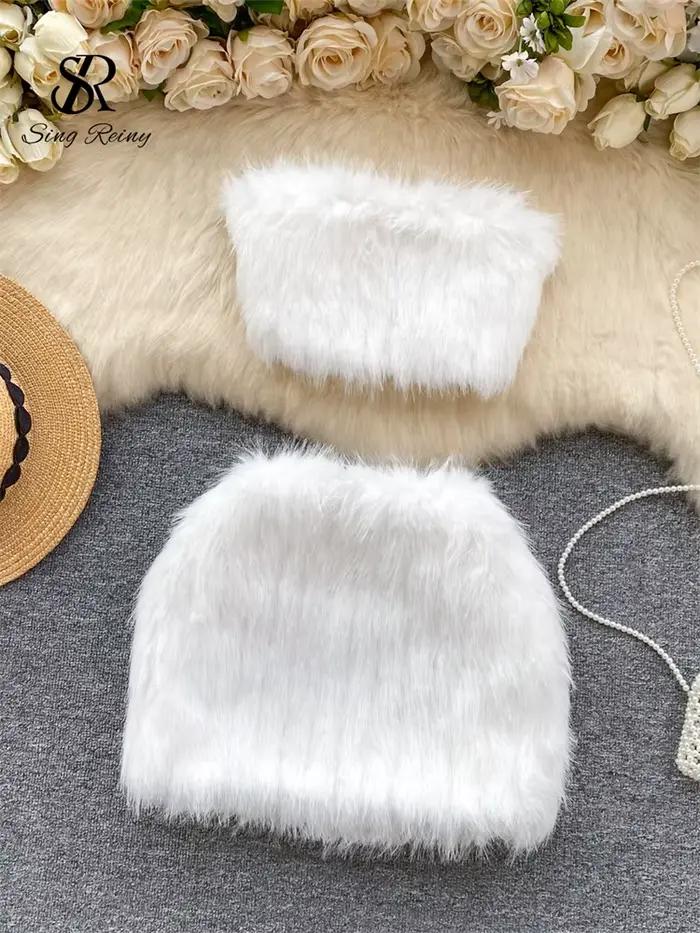 SINGREINY américain Hotsweet Sexy deux pièces ensembles femmes sans bretelles débardeur court + moulante Mini jupe mode solide plumes costumes