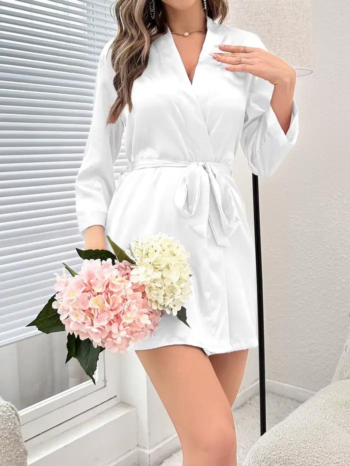 Robe de nuit en Satin solide, Robe de maison élégante à manches mi-longues et col en V avec ceinture, vêtements de nuit pour femmes