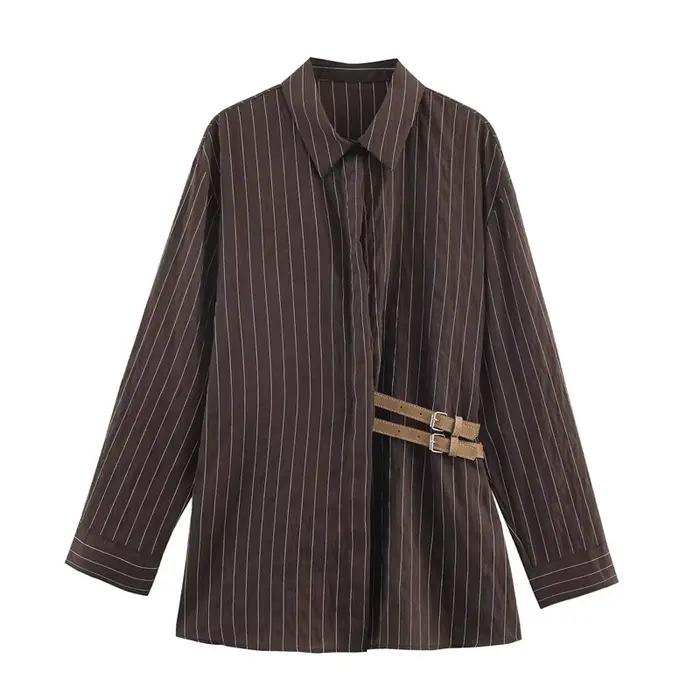 Chemise féminine décontractée avec col rabattu et motif rayé pour femmes, polyester, taille large, printemps et automne