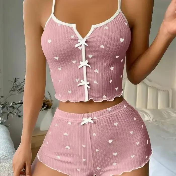 Ensemble pyjama imprimé cœur pour femme, tissu côtelé doux avec bordure à volants, haut décontracté et short, vêtements de nuit et de détente