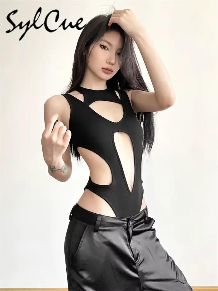 Tajomné čierne Sylcue Sexy diskotéka horúci výstrih Všestranný Cool osobnosť Módny Zrelý krásny obtiahnutý overal