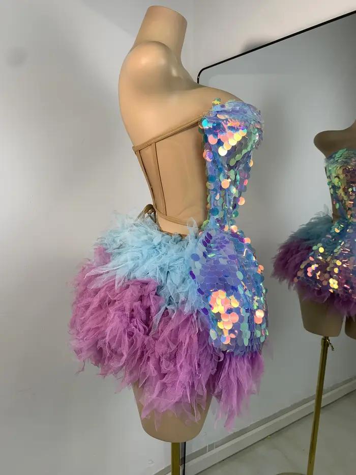 Costume deux pièces à volants et paillettes brillantes pour femmes, ensemble robe dos nu, Costume de danse pour spectacle en boîte de nuit, Costume de scène de chanteur