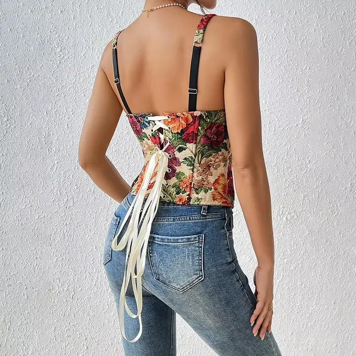 Corset à fleurs brodées pour femmes, Vintage, écharpe française amincissante, Sexy, sans manches, en arête de poisson, entraîneur de taille, gilet façonnant, été