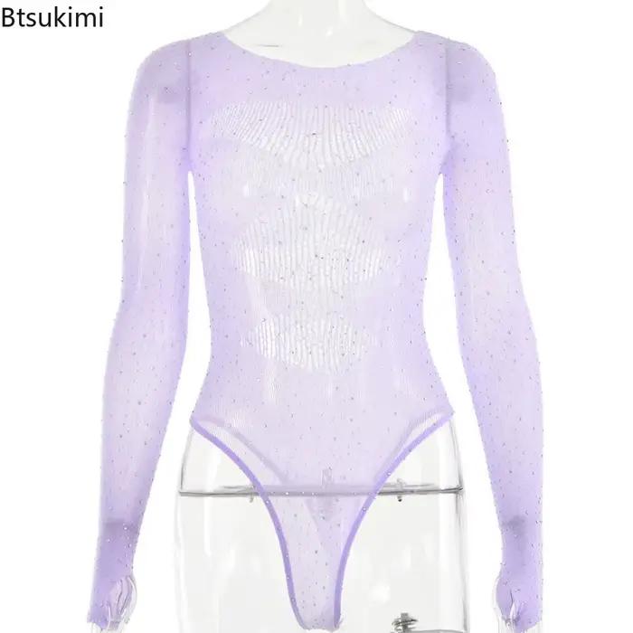Body en résille transparent pour femmes, tricot ajouré, manches longues, strass, maille, tenues de boîte de nuit Sexy, nouvelle collection