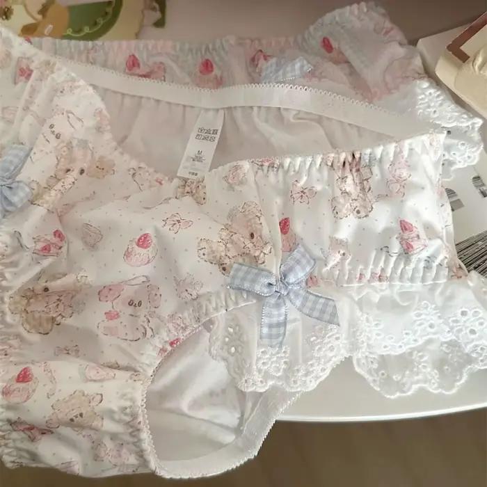 Culotte à volants en dentelle avec nœud papillon pour femme, joli sous-vêtement imprimé ours de dessin animé, Lolita Dot, taille basse, slip pour filles, lingeries douces