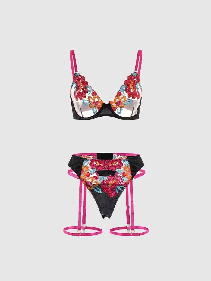 Ensemble soutien-gorge et culotte Belamimi en nylon et élasthanne avec motifs floraux pour femmes occasions quotidiennes