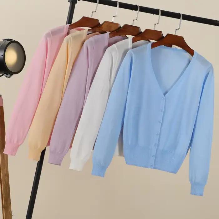 Dámsky kórejský štýl letný ľahký cardigan s dlhým rukávom crop top