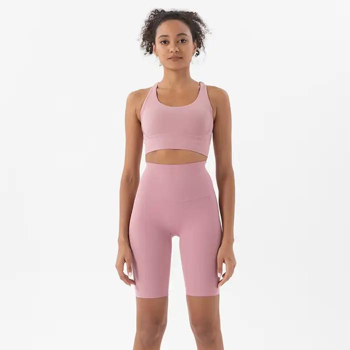 Ensemble de yoga femme sans manches, haut de sport avec soutien-gorge intégré, shorts élastiques pour fitness, course à pied et cyclisme 45 couleurs disponibles