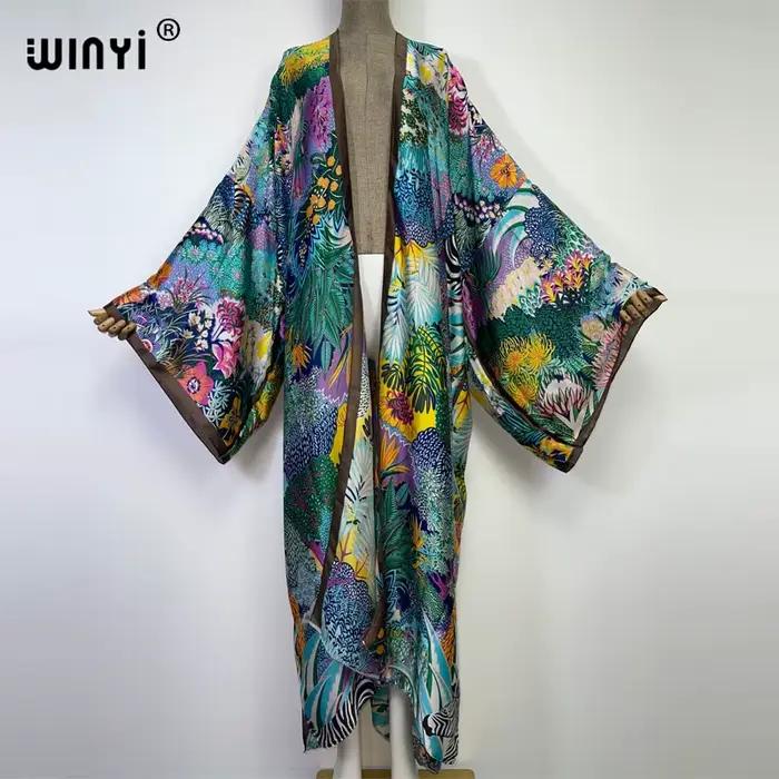 WINYI nové letné dámske Cardigan bodkované Koktejlové Sexcy Boho Maxi africké prázdniny netopierie rukávy hodvábny pocit
