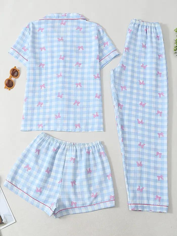 Pyjama femme 3 pièces à revers cranté, manches courtes, short et pantalon, imprimé carreaux à nœud mignon, pour printemps, été, automne, vêtements d'intérieur