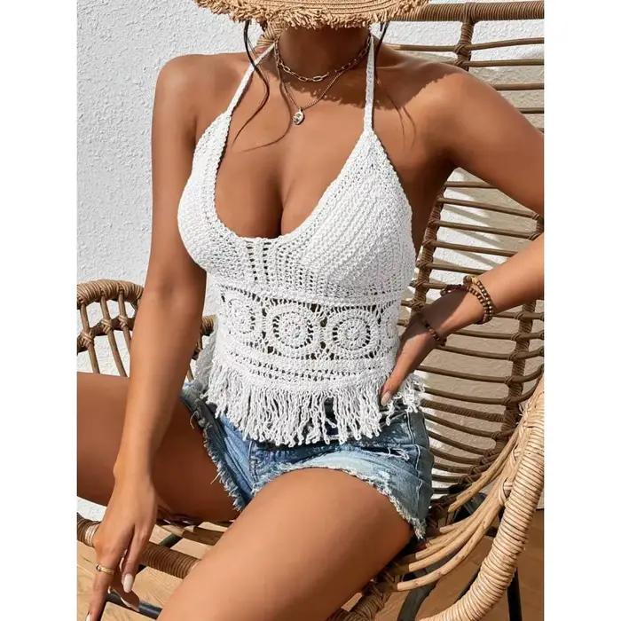 Dámske letné plážové Boho kultúrne topy Sexy Y2K pletené s odhaleným chrbtom tielka Háčkované strapce lem lano podprsenka