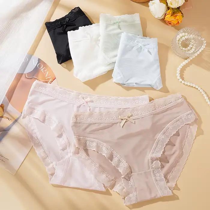 Femmes Sexy culottes couleur unie sous-vêtements respirants dentelle nœud Lingerie femme Ultra mince Transparent slips nouveau