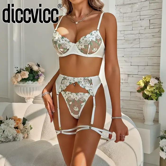 Diccvicc Lingerie Femmes Broderie Floral Sexy Dentelle Fine Jarretière Ensemble De Sous-Vêtements Exotique Darling Tenue Voir À Travers Les Vêtements D'intimité