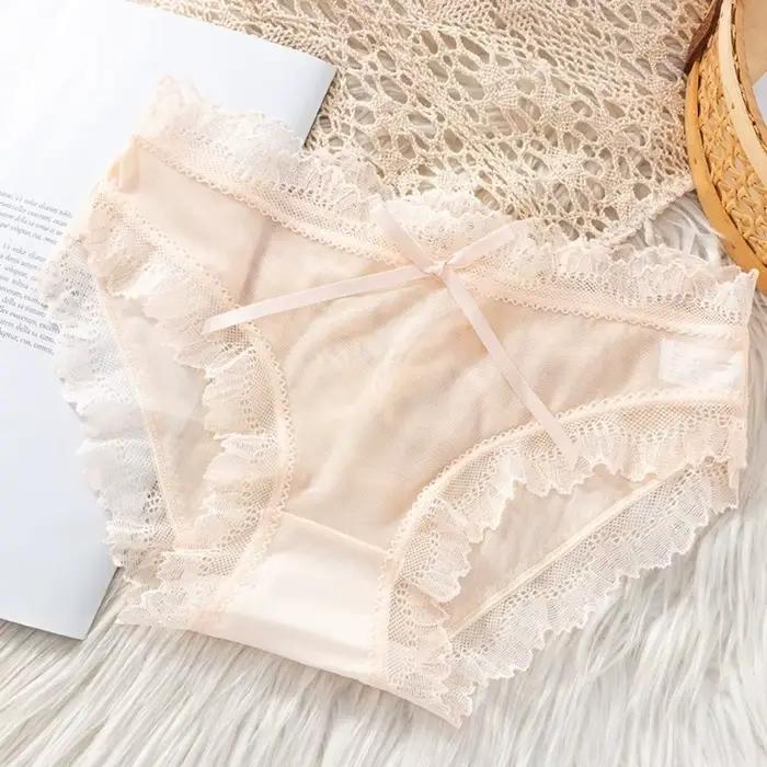 Culottes en dentelle taille basse en soie glacée avec nœud pour femme, entrejambe en coton, sans couture