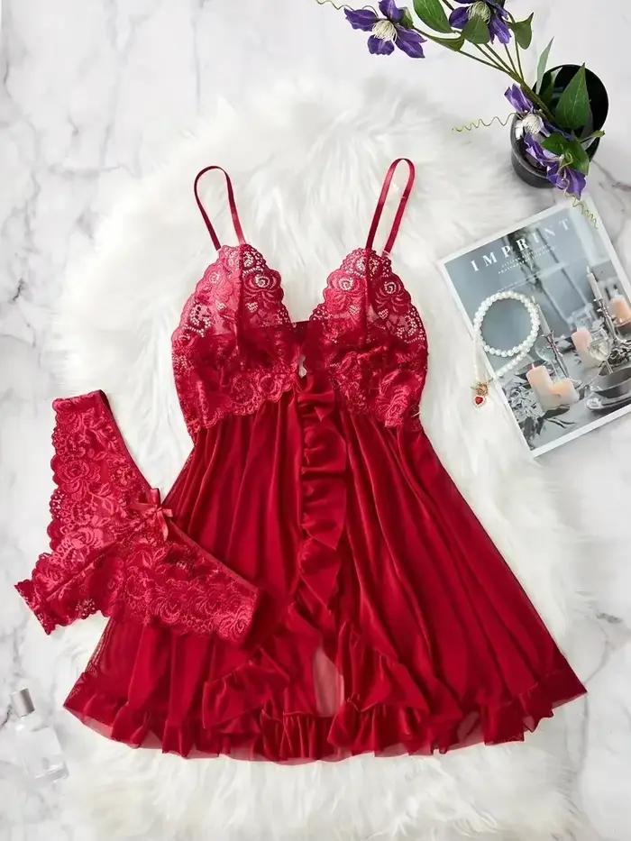 Femmes Chemise de nuit Sexy dentelle Chemise nœud Chemise de nuit vêtements de nuit solide mince robes douces col en V complet Slip vêtements de nuit et robes