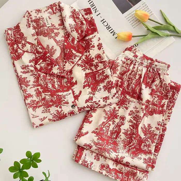Mode imprimé fleur 2 pièces Pyjamas ensemble femmes vêtements de nuit printemps été pantalon costumes salon porter ample Satin Homewear Pijamas costume
