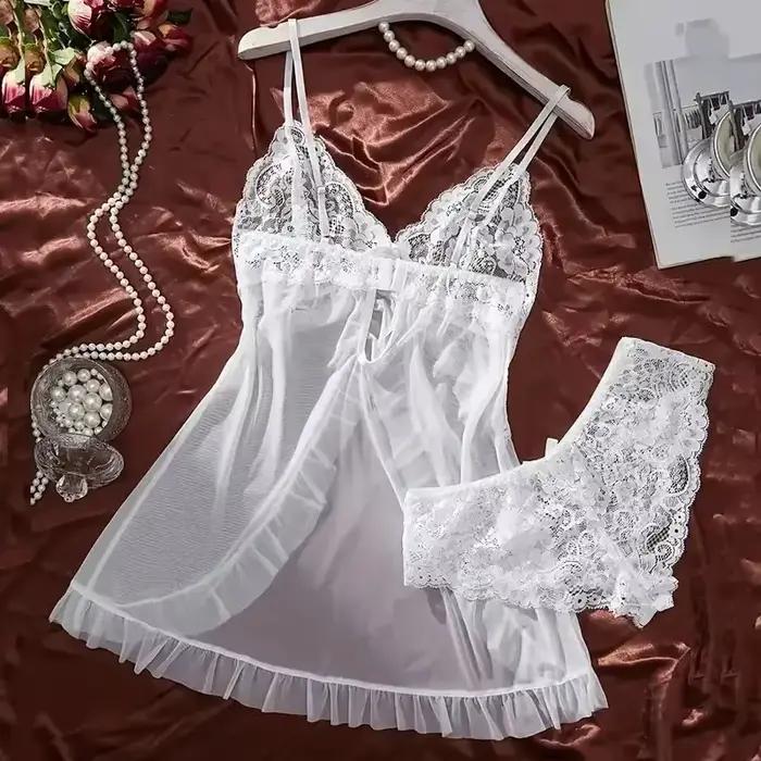Tulle Ultra Sexy chemise de nuit col en v soutien-gorge ouvert sommeil jupe nuit robe érotique femme pure pyjamas Lingerie tongs Kit de luxe