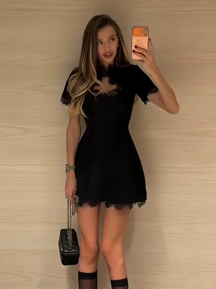 Tossy čierna čipka výstrih Mini šaty žena Patchwork krátky rukáv Sexy vysoký pás večerné
