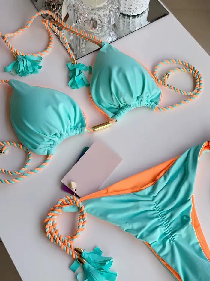 Sexy jednofarebné dvojdielne trojuholníkové bikiny pre ženy s pletenou šnúrkou