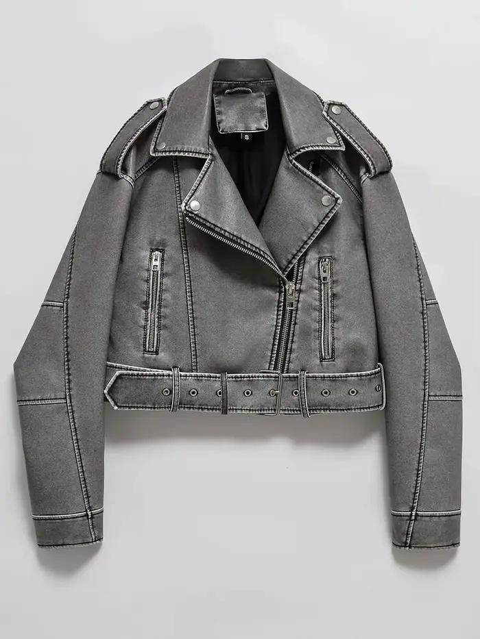 Dámska vintage voľne strihaná umelá kožená bunda krátka streetwear so zipsom a opaskom retro moto biker kabát