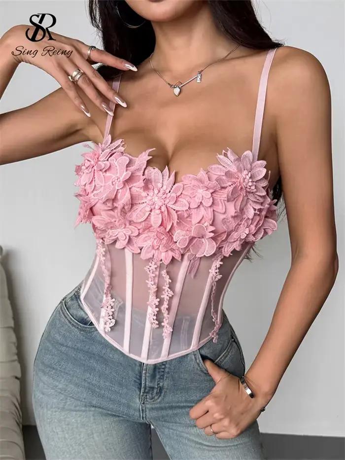 SINGREINY pure gaze 3D fleurs Corset femmes rose Sexy bretelles mince hauts mode Streetwear dames court français Chic doux Camis