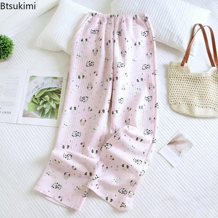 Pantalon de pyjama imprimé 100% coton pour femme, vêtement de maison chaud à trois couches, décontracté, ample, Long, nouvelle collection automne et hiver