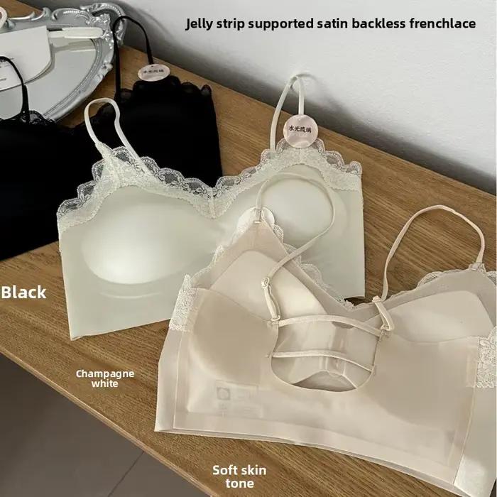 Soutien-gorge sans dos en satin pour femme, bustier en dentelle française avec bandes de maintien en gel, effet push-up, lingerie confortable et brillante