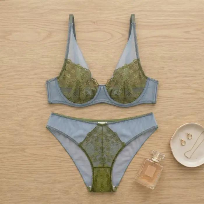 Ensemble soutien-gorge et culotte vintage français en dentelle florale, lingerie push-up sans couture pour femme, culotte florale en dentelle pour fille