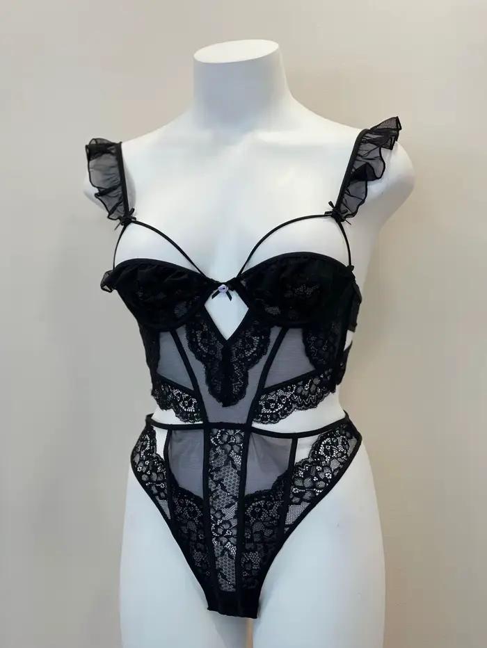 Combinaison de batterie une pièce pour femme, mouche à volants sans coussinets de poitrine avec armatures, ensemble de soutien-gorge de lingerie sexy, sous-vêtements en dentelle évidée, bralette