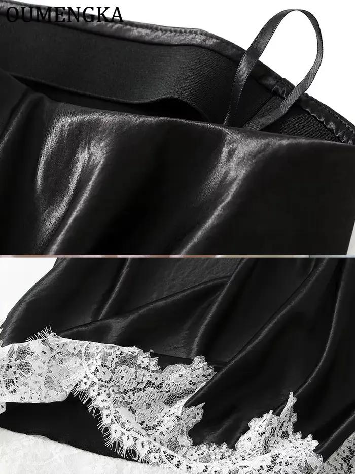 OUMENGKA Letná francúzska elegantná saténová morská panna sukňa pre ženy čipka patchwork elastický pás dlhá a-línia sukne módne dámy
