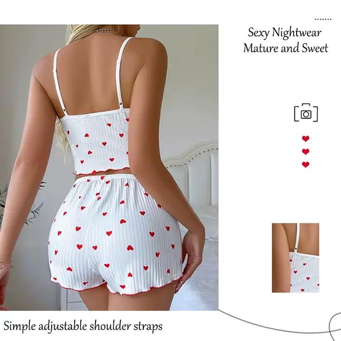 Dámske nočné oblečenie pyžamový set srdiečková potlač jemný rebrovaný materiál s glamour volánmi ležérny cami top a