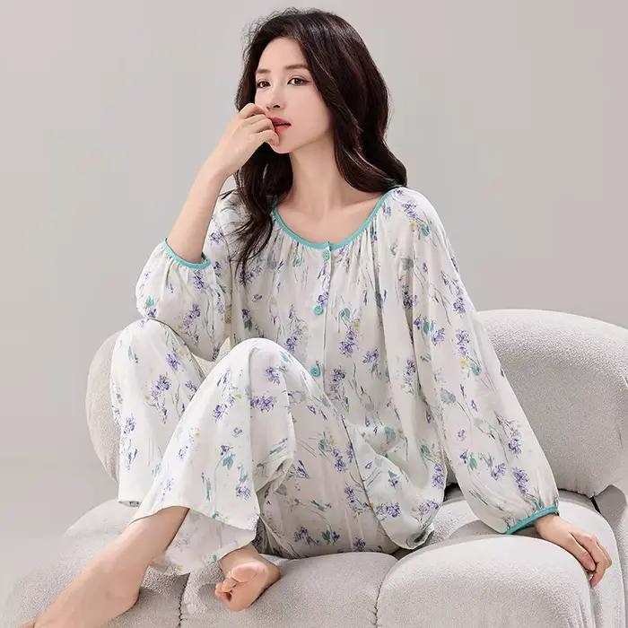 Pyjama féminin en coton viscosé imprimé pour femmes élégant et confortable occasion nuit automne maison