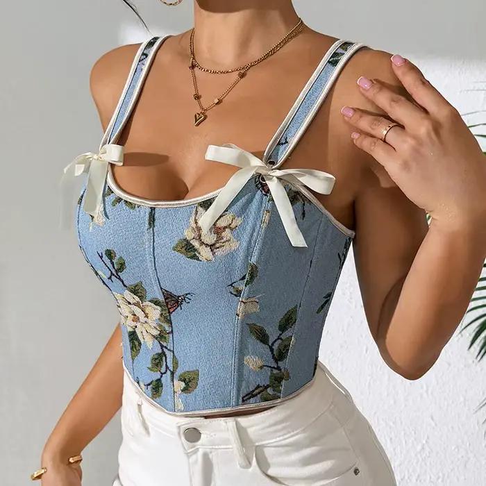 Soutien-gorge à bretelles Sexy, hauts de Style français, impression florale, gilet rétro, Double sangle, Support de poitrine, gaine amincissante, Corset Vintage