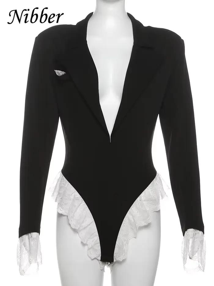Nibber Blúzka Body Ženy Sťahovací Golier Elegantný Kancelária Dáma Senior Skinny Dlhé Rukávy Streetwear Čipka Patchwork Vogue Elegantné Tričká