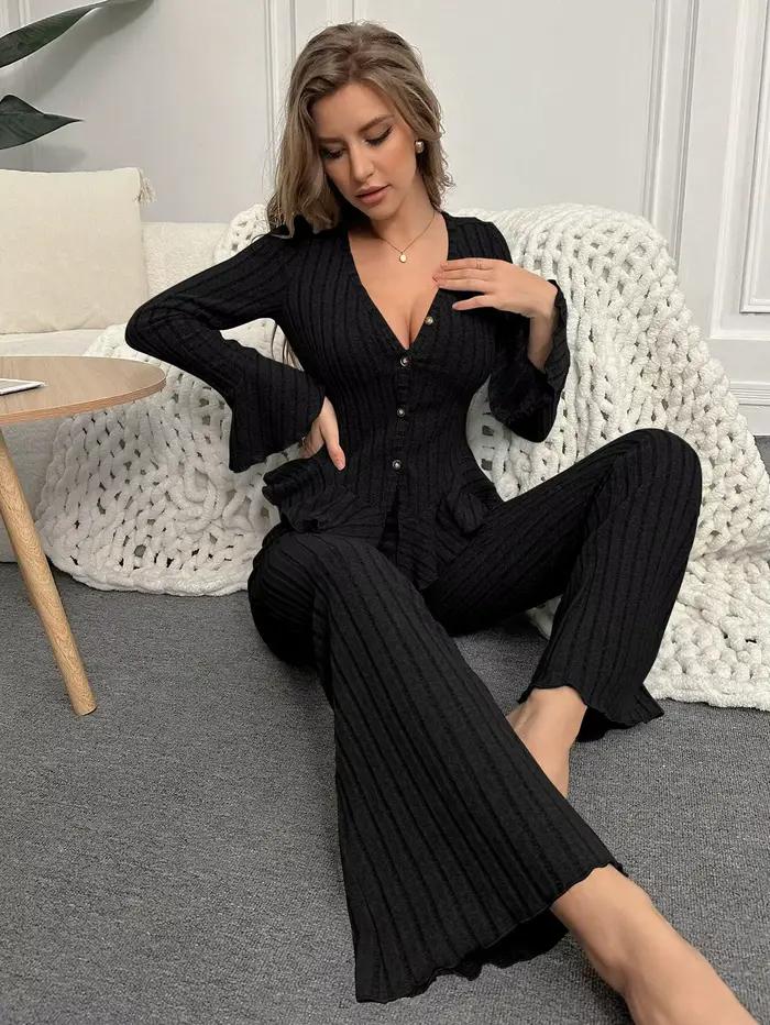 Ensemble pyjama deux pièces pour femmes, vêtements de nuit, Sexy, col en V, manches longues, hauts et pantalons, vêtements de maison, automne et hiver