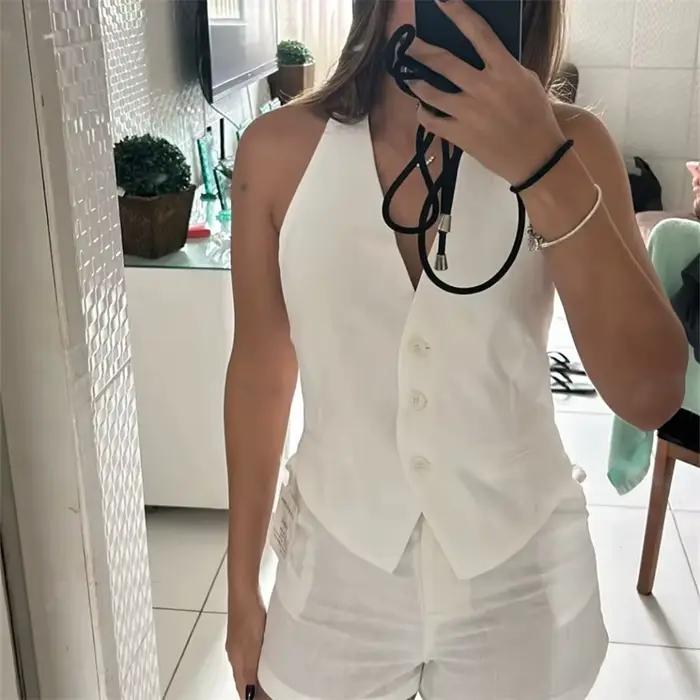 Veste Mujer en polyester avec coupe courte et col en V pour femmes style high street toutes saisons