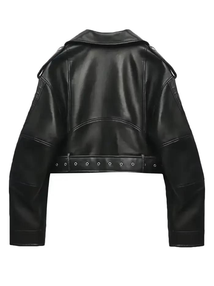 Dámska vintage voľne strihaná umelá kožená bunda krátka streetwear so zipsom a opaskom retro moto biker kabát