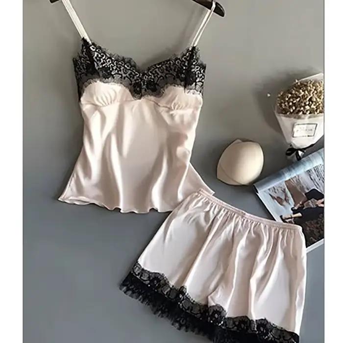 Femmes pyjama ensemble mode col en V Stretch Satin nuisette dentelle Sexy Lingerie nœud papillon chemise de nuit sommeil Shorts ensemble vêtements de nuit
