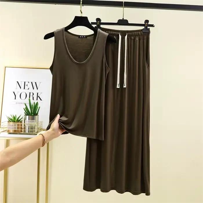 Pyjama pour femmes, nouveau ensemble de vêtements de nuit d'été confortable en modal, sans manches, avec pantalon, 2 pièces, Conjuntos De Pijama